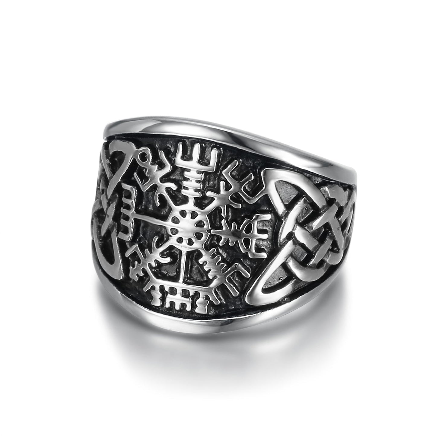 Bjorn Regalia Handcrafted Stainless Steel Vegvisir and Celtic Knot Ring