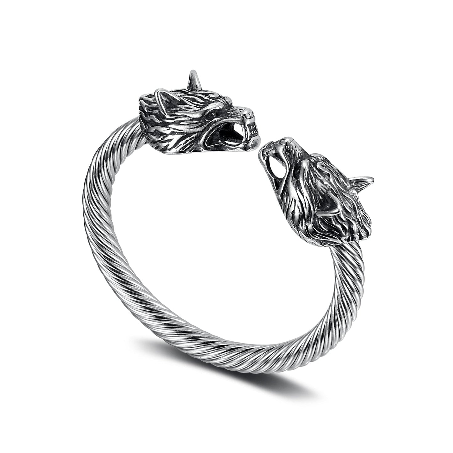 Bjorn Regalia Handcrafted Stainless Steel Large Wolf Head Torc Bracelet