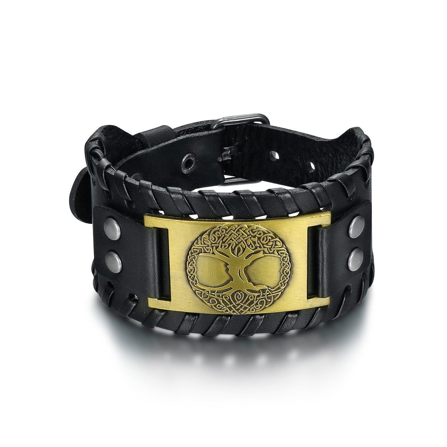 Bjorn Regalia Leather Buckle Arm Cuff With Metal Tree of Life / Yggdrasil Design