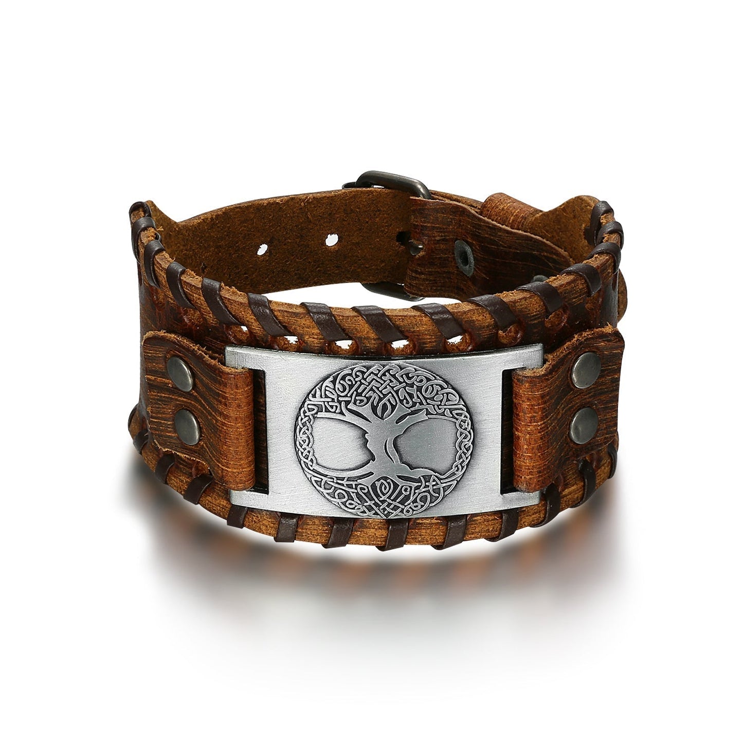 Bjorn Regalia Leather Buckle Arm Cuff With Metal Tree of Life / Yggdrasil Design