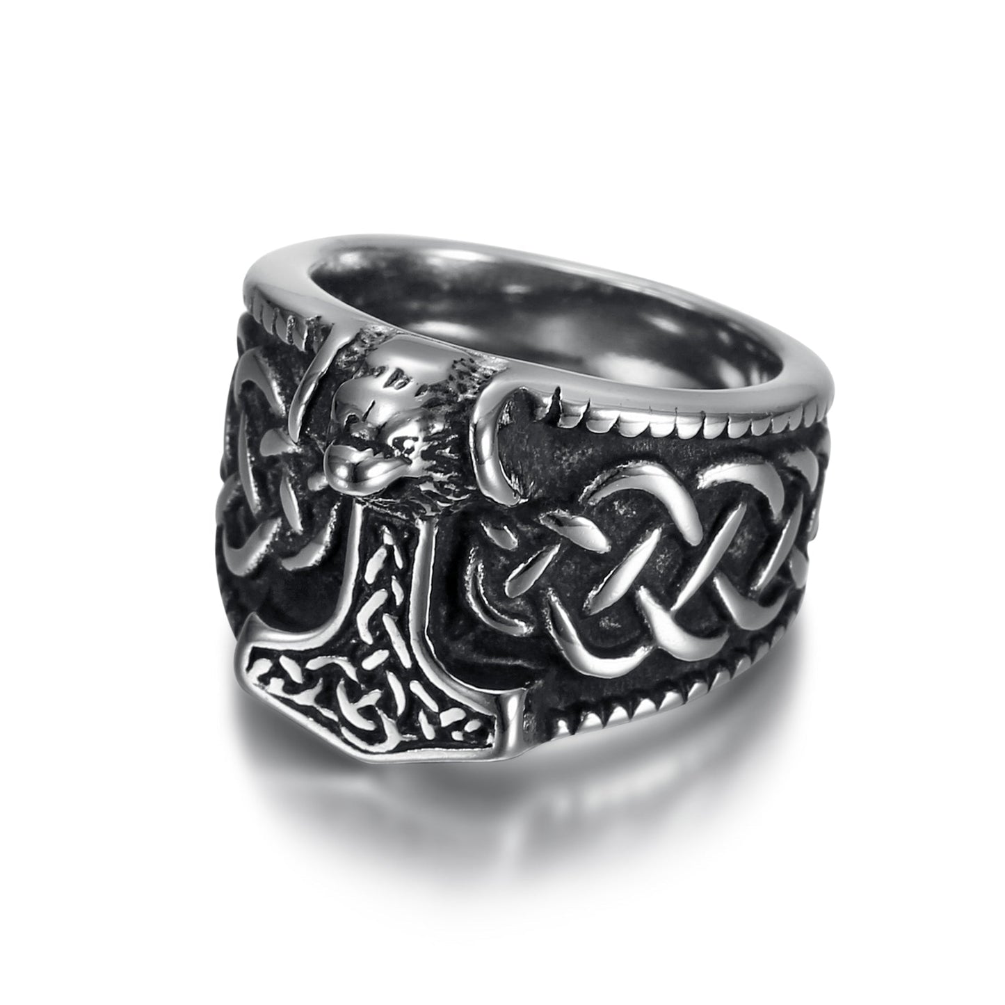 Bjorn Regalia Handcrafted Stainless Steel Thor's Hammer and Celtic Knotwork Ring
