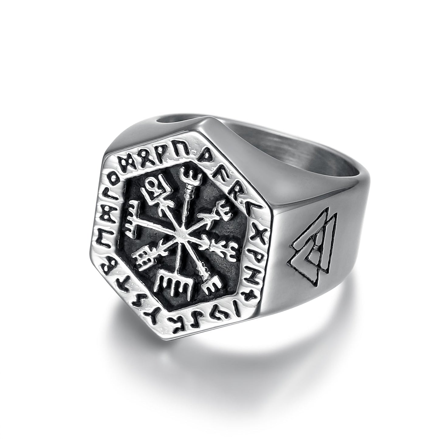 Bjorn Regalia Handcrafted Stainless Steel Hexagonal Vegvisir & Valknut Rune Ring